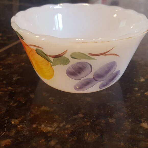 Small Fire King ramekin/custard bowl hand painted fruit pattern. - Picture 1 of 3